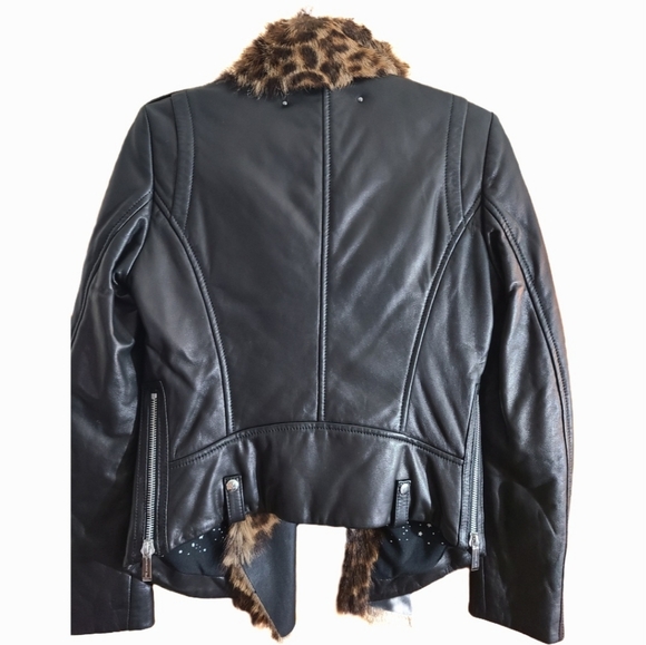 Barbara Bui 42 sz8-10 Black Leather Jacket w/ Leopard Shearling Fur - Picture 10 of 16